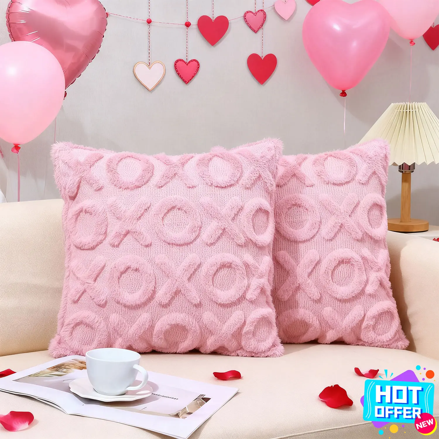 2 Pcs Pink Embroidered 18x18 In Pillow Covers - A-18*18 In (Pack of 2) Valentine's Day Anniversary Gift Cushion Cases, Adds Soft Charm to Sofa and Bedroom, Fluffy Plush Decor for Couch Room