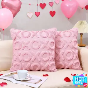 2 Pcs Pink Valentine's Day Pillow Covers 18x18 Inches Decorative Anniversary Cushion Case Stuff Decorative Embroidered Pillow Cases Cute Aesthetic Fluffy Plush Love Cushion Coversfor Bedroom Couch Sofa Room Decor
