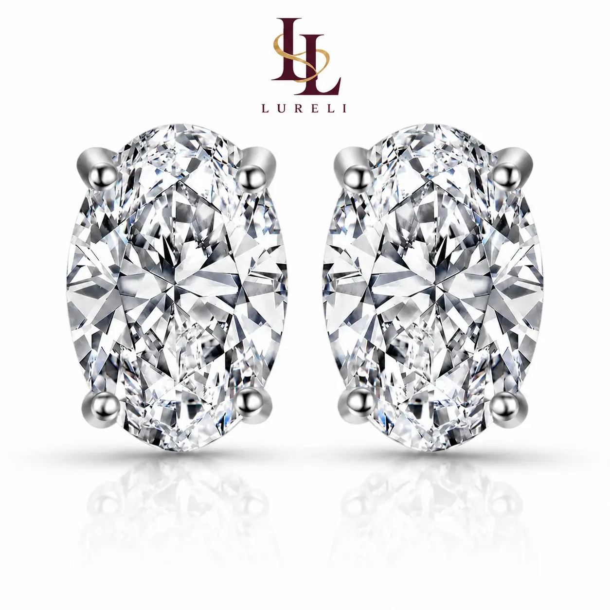 Women's LURELI 2CT Oval-Cut Cubic Zirconia Stone Stud Earrings, 925 Sterling Silver 4-Prong Solitaire Prongs Minimalist Jewelry, Every Day Daily Elegance Birthday Gift