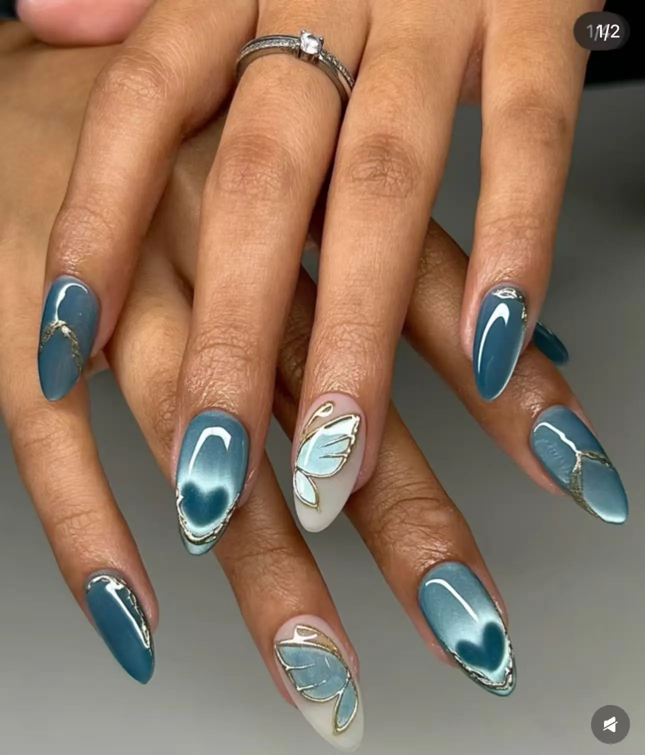 Handmade Blue Green Swirl Cat Eye Press On Nails Medium Almond Shape Summer Reusable Fake Nails