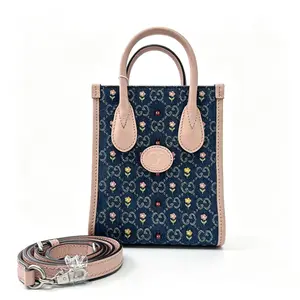 Pre-owned Gucci Denim Embroidered Mini Tote Bag GG Retro D0049