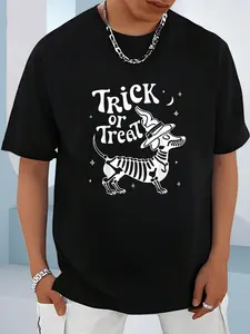 100% Cotton Unisex Skeleton Dachshund Trick or Treat Halloween Spooky Owner Dog T-Shirt， men's autumn short-sleeved shirt, featuring maple leaf and Thanksgiving Halloween prints