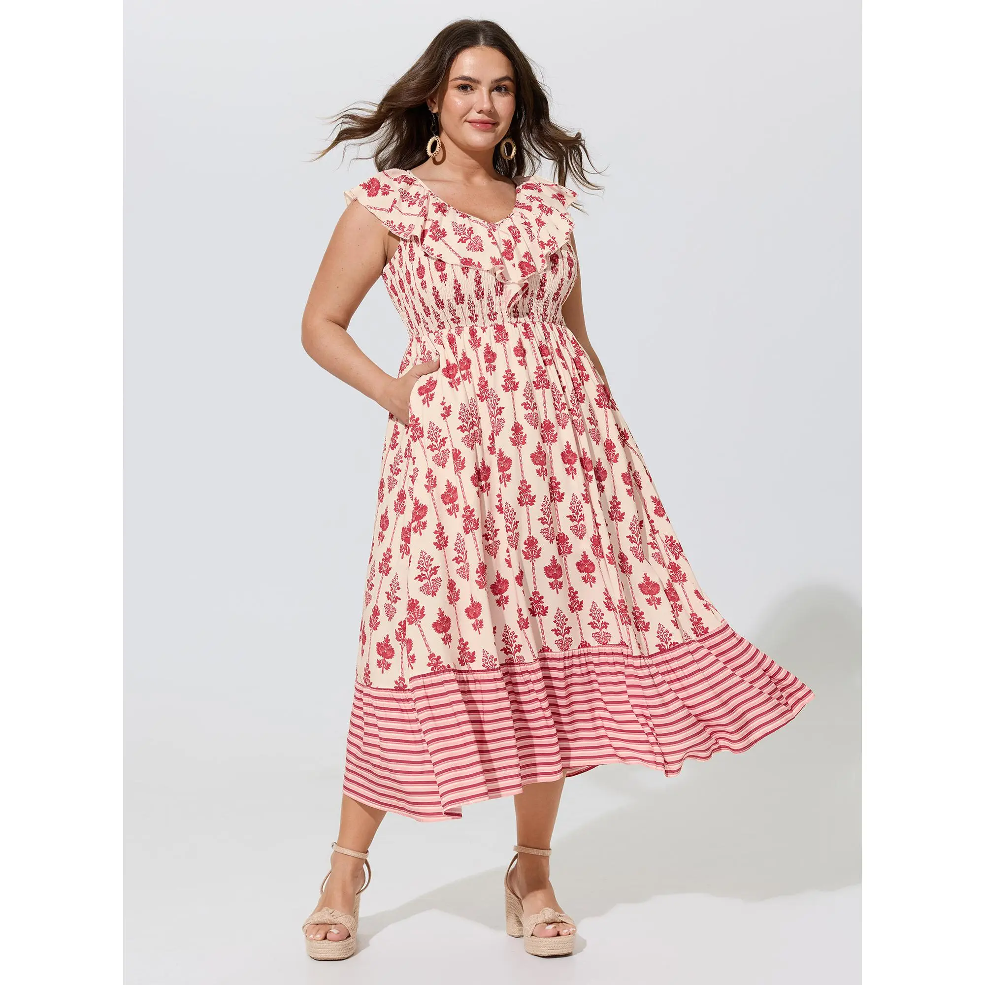 BLOOMCHIC Women's Plus Size Bohemian Sleeveless Smooth Polyester Garment - Floral Print Shirred Ruffled Neckline Midi Dress [M-6X] - 2026 Spotlight, Summerfinds Deals, Casual, Fit, Rayon, Fabric, Pocket, Low Iron, Plus Size Casual Dresses, Pull-On, Side P