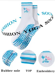 Women's Sporty Crew Socks, Non-Slip Embroidered Blue Wine Glass Yoga Socks, Ideal for Ballet Dance and Fitness, Perfect Gift Choice