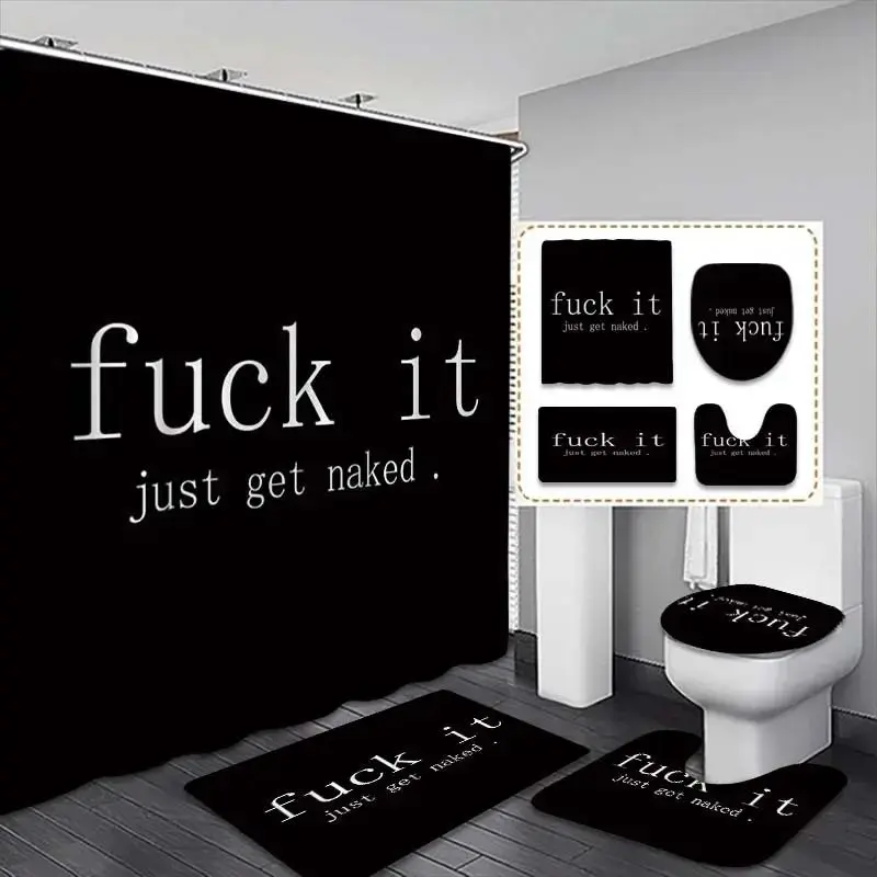Creative 'fuck It' Letter Pattern Shower Curtain Set For Bathroom, Includes Bath Mat, Toilet Lid Cover, Elegant Bathroom Decor And Accessories, 12 Hooks Included, Bathroom Decoration Accessories