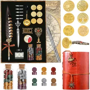 Pheasant Feather Quill Pen And Ink Calligraphy Set for Beginners, With Leather Journal Notebook, Wax Seal Kit with 7 Seal Stamp Heads, Great Gift for Calligraphy