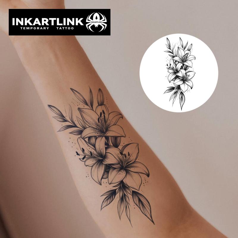 INKARTLINK Tattoo Tech, 2 Sheets Semi-Permanent Temporary Tattoos ,Lilies,Adult Art Design,Lasts 1-2 Weeks, Waterproof, Realistic Look, No Adhesive, No Reflection,For Man And Woman,Ideal for Swimming, Party