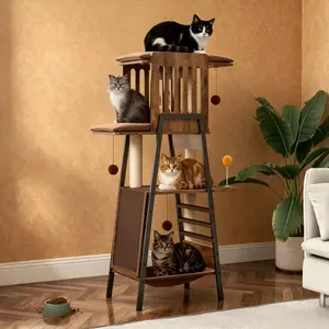 58-Inch Large Cat Tree for Maine Coon, Modern Walnut Cat Tower with Scratching Board, Large Perch & Hammock, Removable Pads, Mid-Century Modern Cat Furniture for Indoor Cats