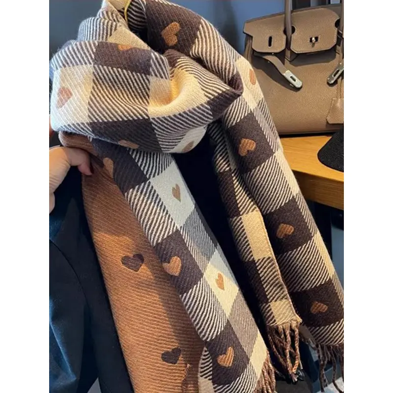 High-Quality Plaid Heart Pattern Scarf, Family Parent-Child Set, Cozy Thick Neckwear, Unisex Couple Scarf, Fall & Winter Gift, Checkered Scarf