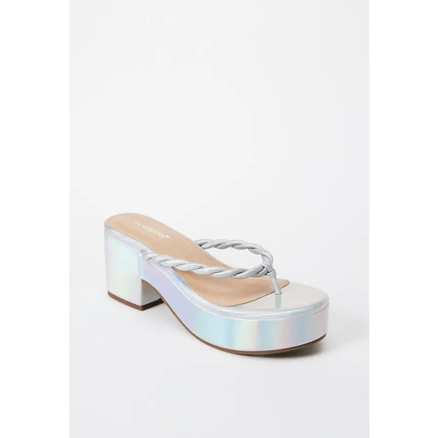 Women's Metallic Wedge Sandals, Braided Faux Leather Thong Slip-On with a Comfortable Platform Block Heel for Vacation & Casual Outings, Walking Shoes, Classy, Stylish
