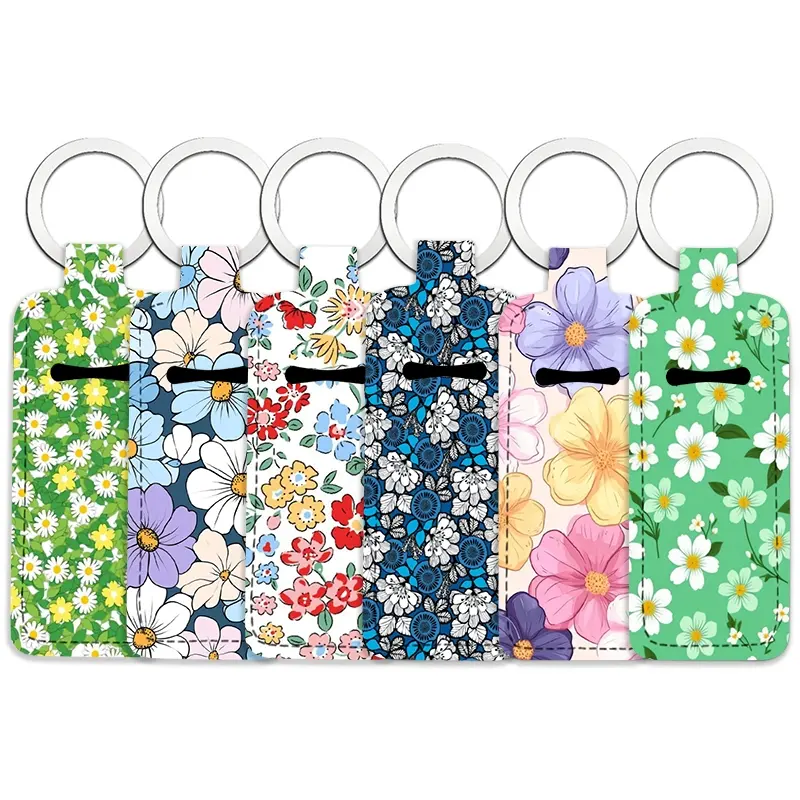 6 pcs flowers Pattern Lipstick Storage Bag Set for Women, Portable Outdoor Lipstick Pendant Keychain Accessory, Cute Floral Pattern Keychain, Key Accessories, Portable, Elastic, and Compact Design, Perfect for Home and Travel