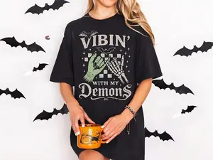 Funny Halloween Vibin With My Demons Tshirt, Spooky Season Halloween Vibes Tee, Retro Halloween Vibes Shirt Tops Womenswear Streetwear