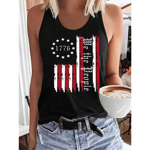 Women'S Patriotic Graphic Tank Top - Sleeveless Crew Neck with "Freedom" Flag Design, Breathable & Stylish for Spring & Summer, White with Red Stripes and Stars, Casual Summer Top |   Sleeveless Fashion |   Graphic Print Tank Top