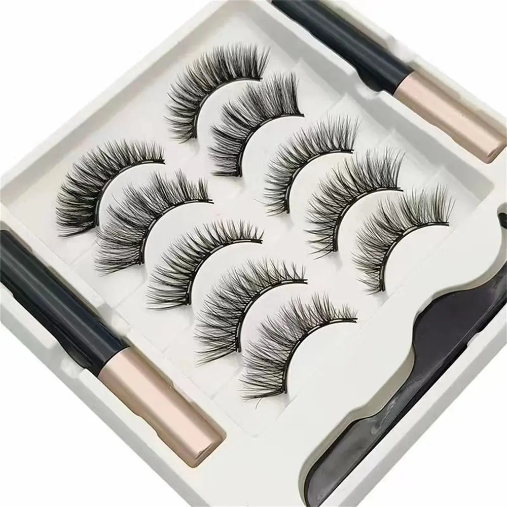 3D Mink-Style 5-Pair Magnetic Eyelashes Cosmetic Kit - Reusable, Hypoallergenic Liquid Eyeliner, Distributes Hold Evenly for Makeup Workouts