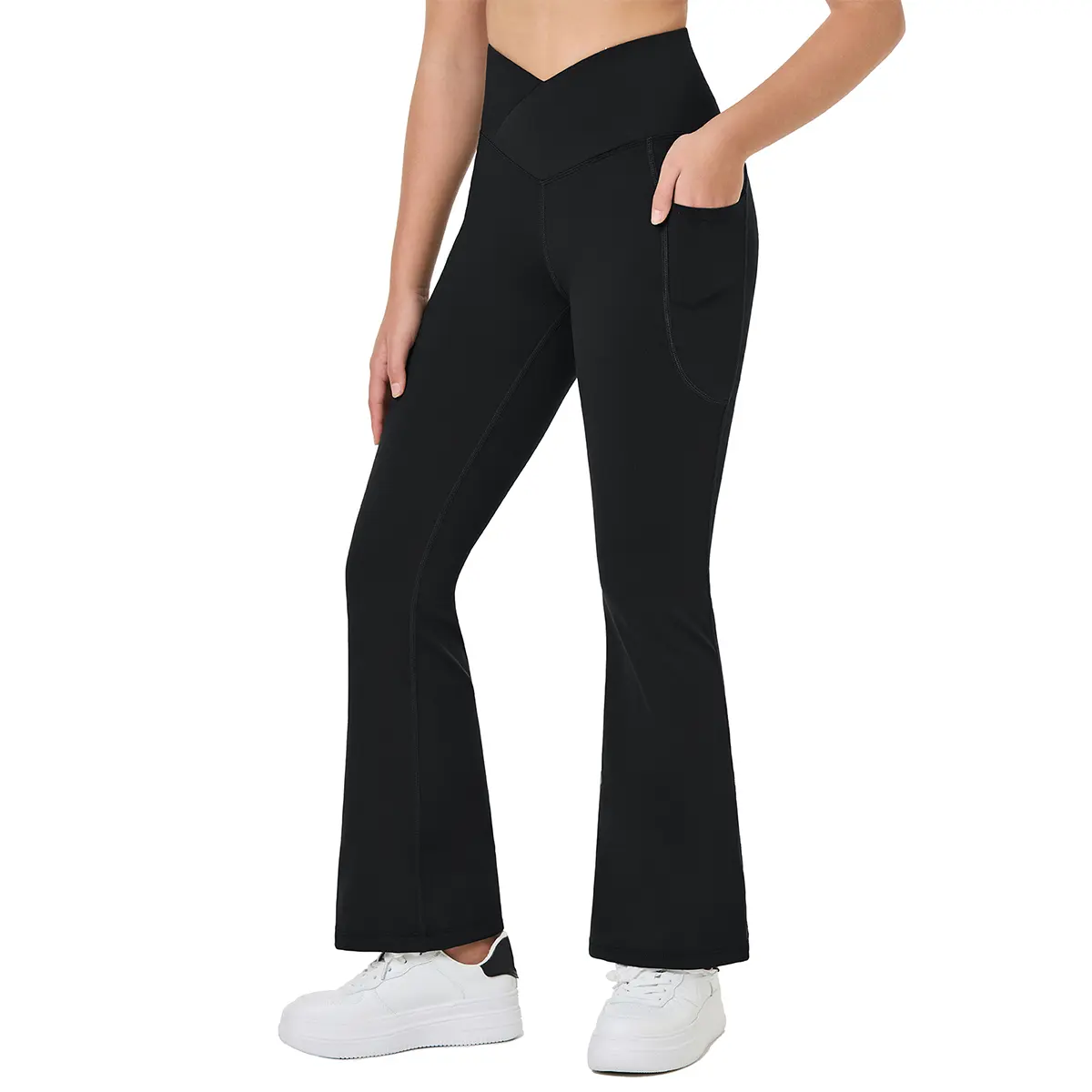 Baleaf Girls' High Waisted Flare Leggings - Sporty Style, Stretchy V-Shape Cross Waist, Synthetic Fabric, Athletic Bootcut Pants with Pockets for Yoga, Dance