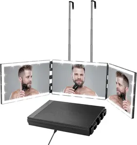3 Way Trifold Mirror for Self Hair Cutting, Rechargeable LED Barber Mirror with Telescoping Hooks
