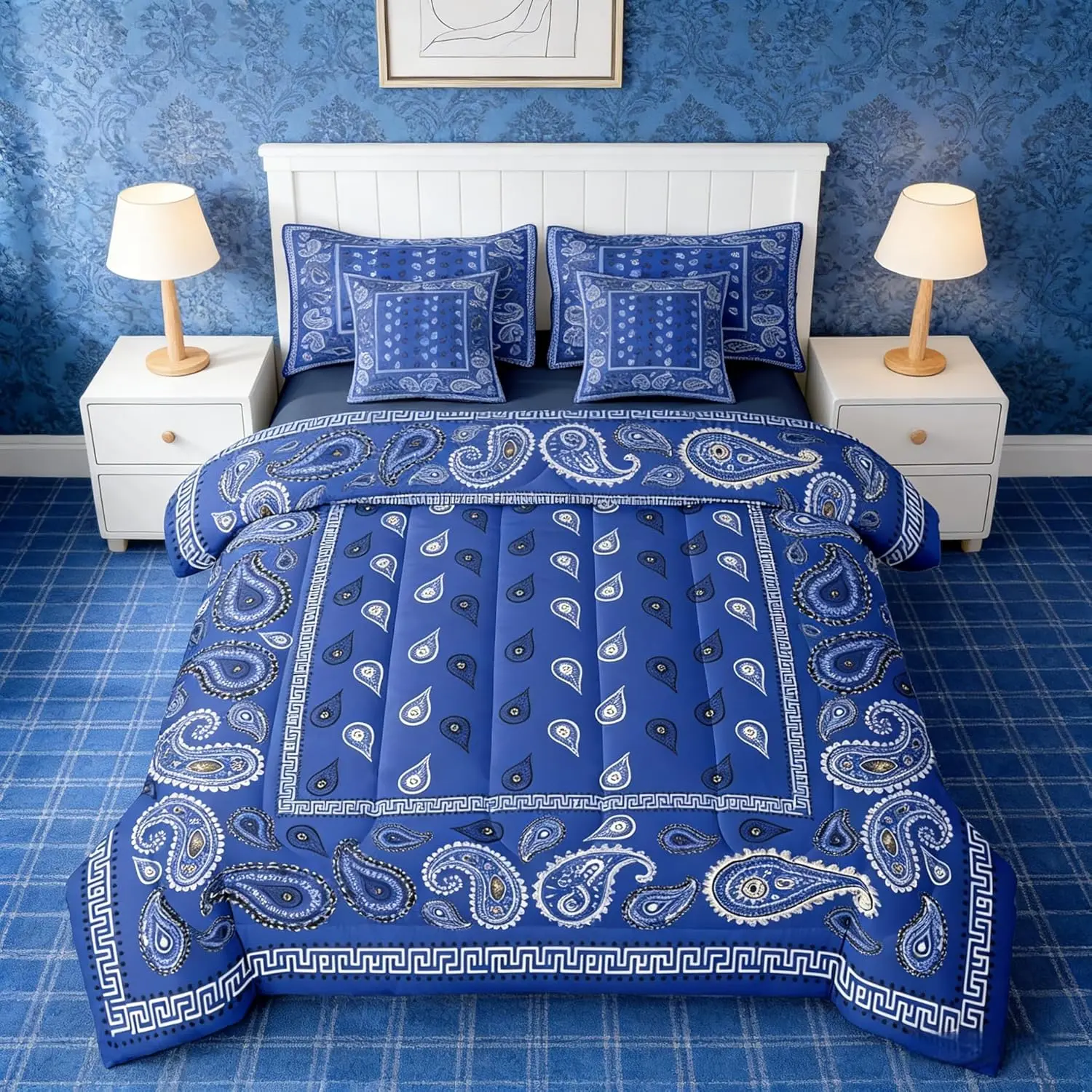 Royal Blue Bandana 7pcs Comforter Set,Boho Paisley Bandanas Bedding Set for All Season,Bohemian Chic Floral Bed in A Bag with Comforter,Sheets and Pillowcases,Women Man Room Decor