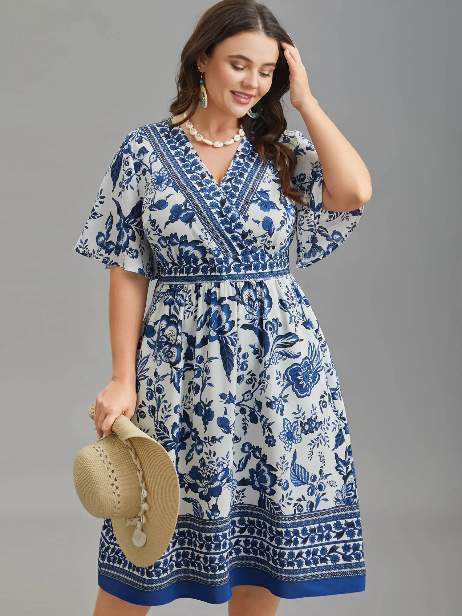 BloomChic Women's Bohemian Floral Print Wrap Dress, Short Ruffle Sleeve Midi with Pockets, Adjustable Fit for Happy Curves, Casual Summer Wear, Bohemian Romantic Dress, Casual Wear, Boho Elegant Adjustable, Short Sleeves, Rust, Plus Size Casual Dresses