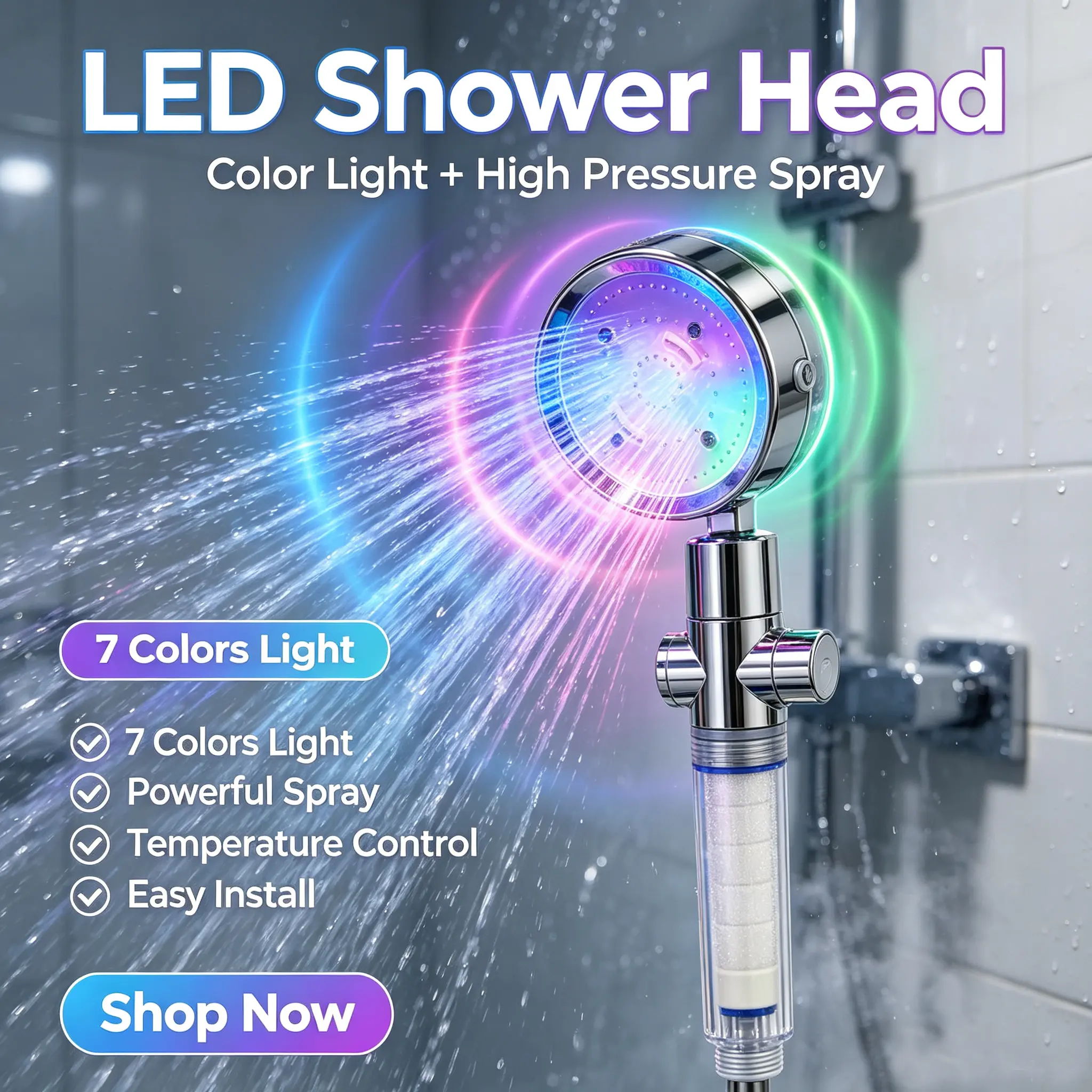 LED Color Changing High Pressure Shower Head with Filter
