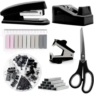 Sports outdoors black desk accessories, black office supplies, stapler and tape dispenser set, black desk accessory kit, gift for students, women, coworkers, boss lady, office clerks