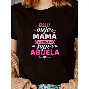 # TikTokShopRestock Plus Size Women'S Black Mother'S Day T-Shirt with Pink Letter Print-Mejor Mama Design, Short Sleeve Crew Neck, Comfortable Polyester Blend, Machine Washable, Perfect Gift for Mom, Allseason Apparel |     Mother'S Day Theme |     Stretc
