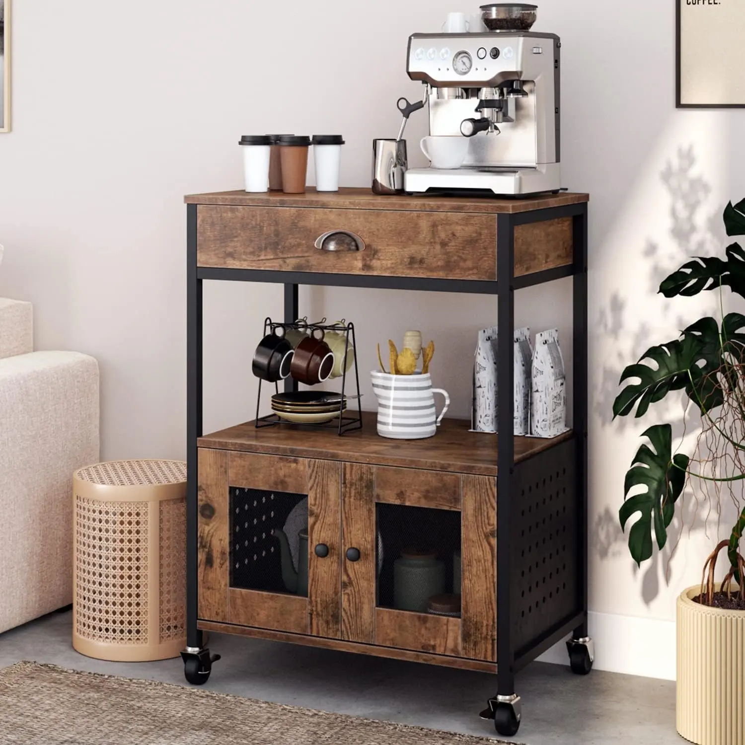 [DealsForYouDays][Summerwins] HOMBCK Catrimown Coffee Cart Station, Coffee Stand Station, Small Microwave Stand with Drawer, Movable Farmhouse Coffee Station Table on Wheels for Living Room, Entryway, Dining Room, Kitchen