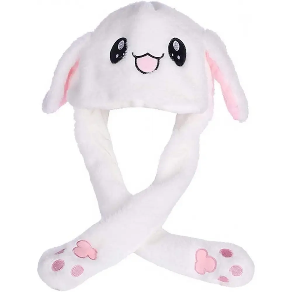 Funny Plush Bunny Moving/Jumping Rabbit Cute Unisex Animal Ear Flap Hat with Paws for Women Girls, White, One Size