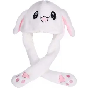 Funny Plush Bunny Moving/Jumping Rabbit Cute Unisex Animal Ear Flap Hat with Paws for Women Girls, White, One Size