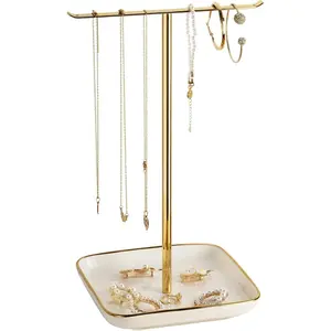 Jewelry Holder Stand with Ceramic Base: 12" Tall Necklace Organizer Rack, Tree Design Display Storage for Necklaces, Bracelets, Rings, Earrings, Aesthetic Room Décor for Girls and Women, Gold