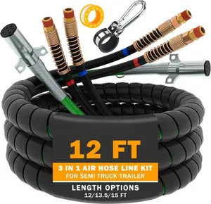 12FT Semi Truck Air Lines Kit 3IN1 Trailer Cord and Air Brake Hoses Assembly without Rubber Gladhand Handles for Semi Truck Trailer Tractor