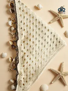 Bohemian Hollow Crochet Triangle Headscarf with Natural Shell & Starfish Tassel, Summer Breathable Cotton Knit Tie-back Head Wrap, Boho Beach Turban Hat for Women, Adjustable Vacation Hair Accessory