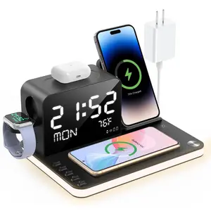 7 in 1 Wireless Station, MagSafe Fast Charger, Dual Phone Wireless Charger with Touch Night Light, Bluetooth TimeSync, Digital Screen Display, 30W Adapter Included for iPhone 15 / 14 / 13 / 12 Series & AirPods & iWatch & Android Phone