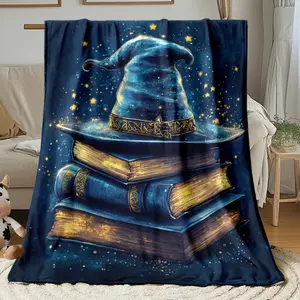 Stack of Books with Wizard Hat Painting Blanket-Lightweight Flannel Home Furnishings Bedding Blanket Suitable for Sofas Beds Travel Camping Living Rooms Offices Sofas Chairs and Beds-Soft and Warm Flannel Fabric Digital Printed Blanket
