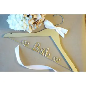 Gold Wire 'Bride' Hanger with Hearts -  Wedding Hanger Organizer Hanging Smooth - Wire Personalization - With Bow wooden hanger Wooden Wedding