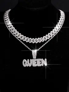 3pcs Hip Hop Charm Letter Queen Pendant Necklace, Sparkling Blingbling Jewelry for Men Women, Layered Stacked Jazz Cuban Chain, Party Festival Daily Wear