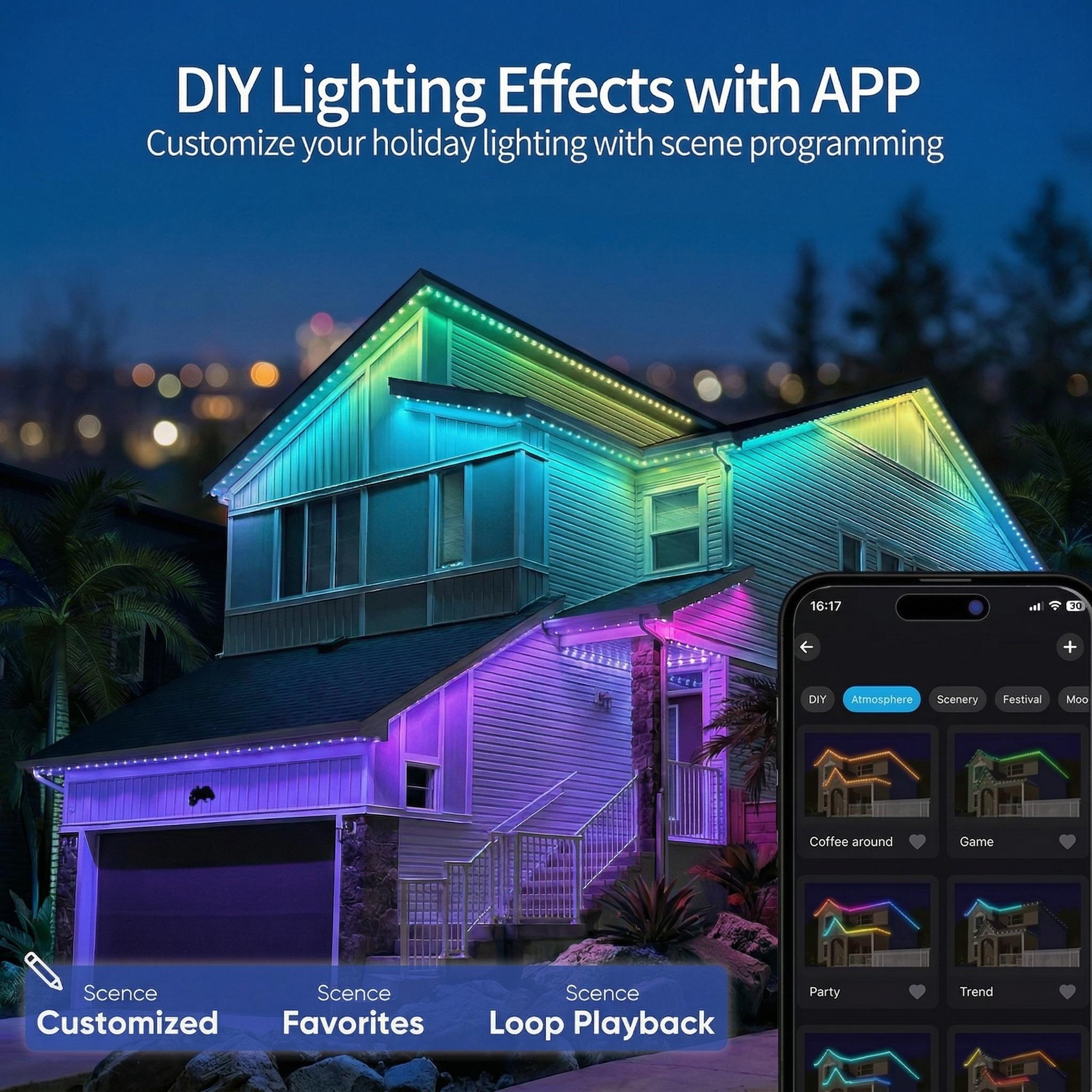 100ft Permanent Outdoor RGB Eaves Lights, 60 LEDs Smart App & Remote Control Roofline Lighting, Music Sync, DIY Scene Modes, IP67 Waterproof LED Lights for Christmas, Holidays, Daily House Decor 100ft Permanent Outdoor RGB Eaves Lights, 60 LEDs Smart App & Remote Control Roofline Lighting, Music Sync, DIY Scene Modes, IP67 Waterproof LED Lights for Christmas, Holidays, Daily House Decor