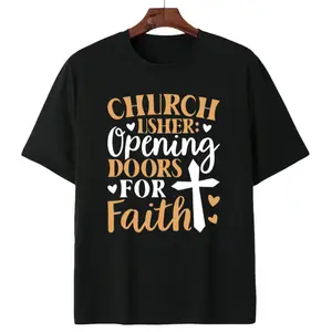 Black Crew Neck Tee with Motivational Church Usher Doors Words and Heart Decorations