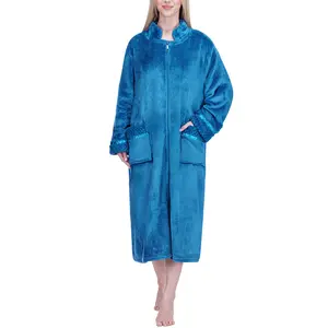 PAVILIA Womens Housecoat Zip Robe, Fleece Zip Up Front Robe Bathrobe, Plush Warm Zipper House Coat Lounger for Women Ladies Elderly with Satin Trim, Pockets, Long
