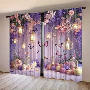 2-piece set - Purple Dream Garden - Printed semi-transparent curtains, rod bag curtains, suitable for living room, bedroom and home decoration. Hand washable, hookless