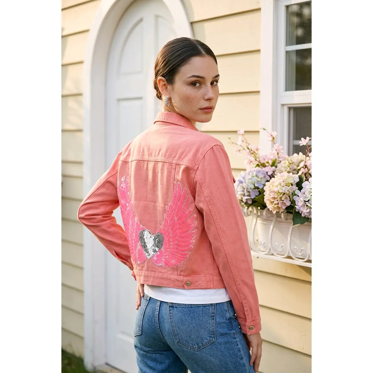 Pink Denim Jacket with Sequin Angel Wings & Heart