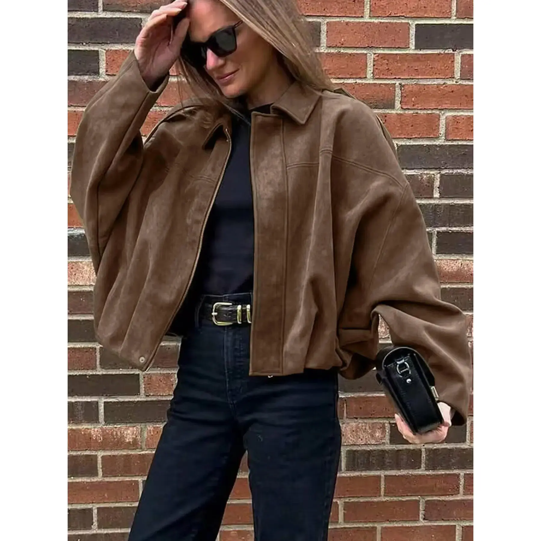 Aviator Jacket Woman,New In Coats And Jackets,Zip Up Jacket Women's Spring Jacket,Suede Jacket,Oversized Pilot Jacket Cropped Fit, Streetwear Pleats Short Jacket Woman