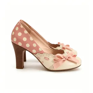 Women's Pink & White Polka Dot Heels, Retro Bowknot Mary Jane Pumps for Parties & Daily Wear