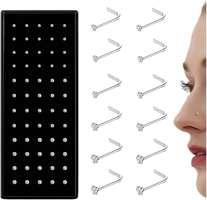 60Pcs Nose Rings Stud for Women Men,Straight L Shaped Nose Studs Piercing 20G/22G,Straight L Shaped Nose Rings Studs, Nose Piercing Jewelry,Surgical CZ Body Stainless Steel Nose Pin#SummerWins#tiktokshopbacktoschool