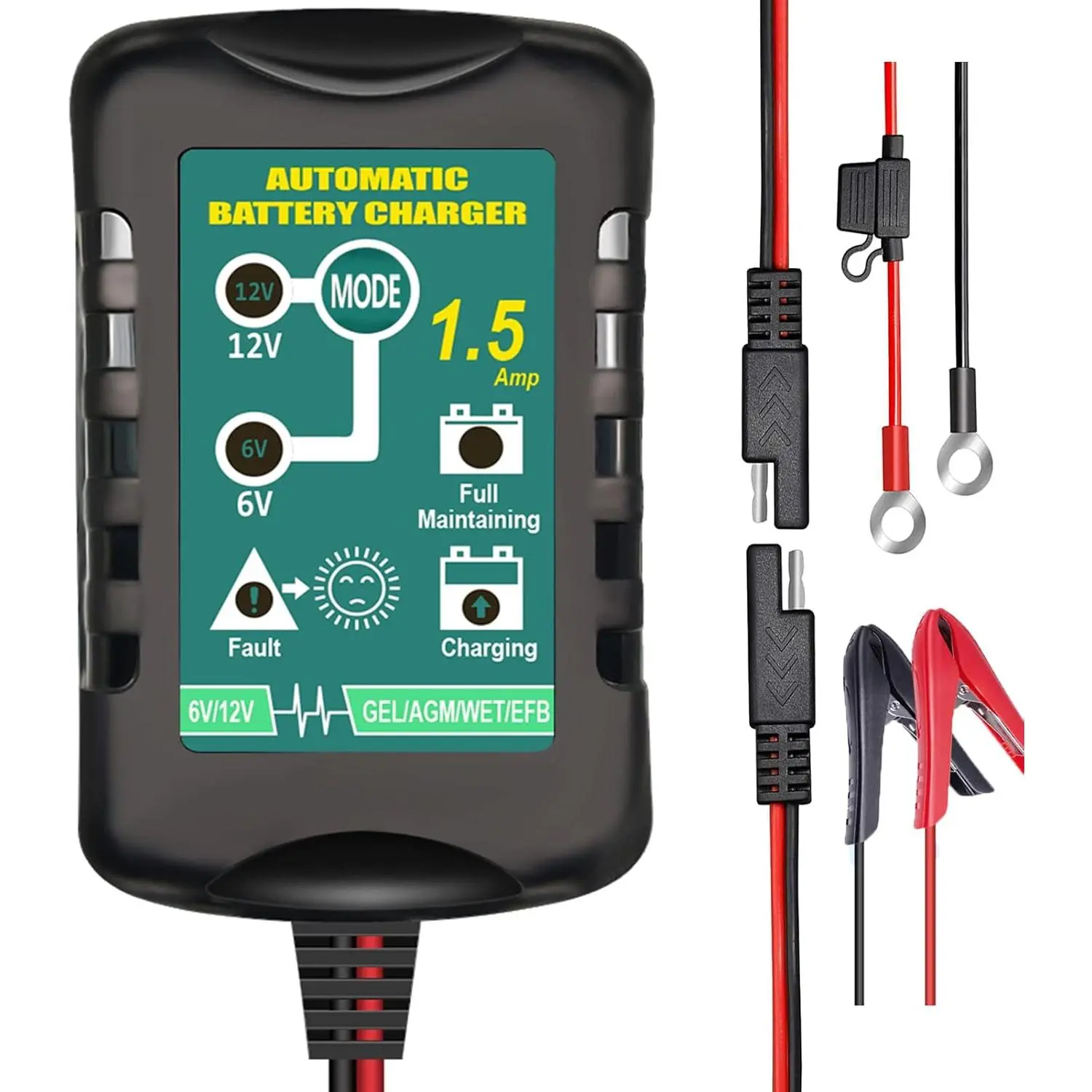 Charger Automatic 6V 12V 1.5A, Trickle Charger Suitable for AGM Gel SLA VRLA Flood Lead-Acid , Starting  for Auto  , Dual  Output Detection and Repair