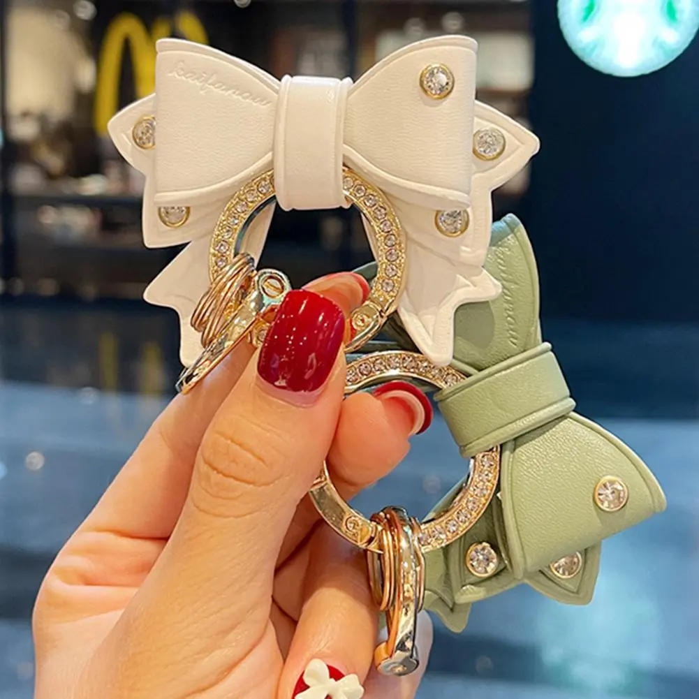 Metal Ring Car Keyring Gold Rhinestone Leather Bow Cute Keychain Accessories for Women Girls Motos Moto Car Key Holder