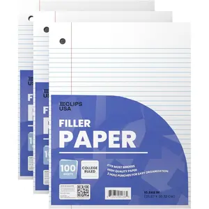 Loose Leaf College Ruled Lined Filler Writing Paper 10.5" x 8" 300 Sheets 100 Sheets Per Pack 60 gsm 3 Pack