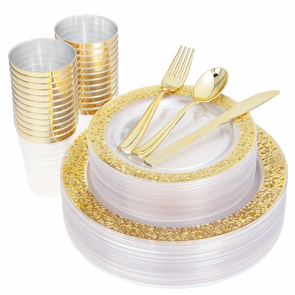 150pcs Golden Plastic Plates, Clear And Golden Silverware & Golden Cups, Lace Design Golden Dinnerware Include: 25 Dinner Plates, 25 Dessert Plates, 25 Cups, 25 Golden Silverware for Wedding, Party
