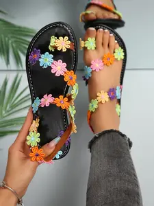 Women's Flat Sandals, Summer Casual Shoes, Floral Pattern, Flower Decorated Slides, Comfortable Walking Shoes, Ideal for Daily Use, Beach Vacation