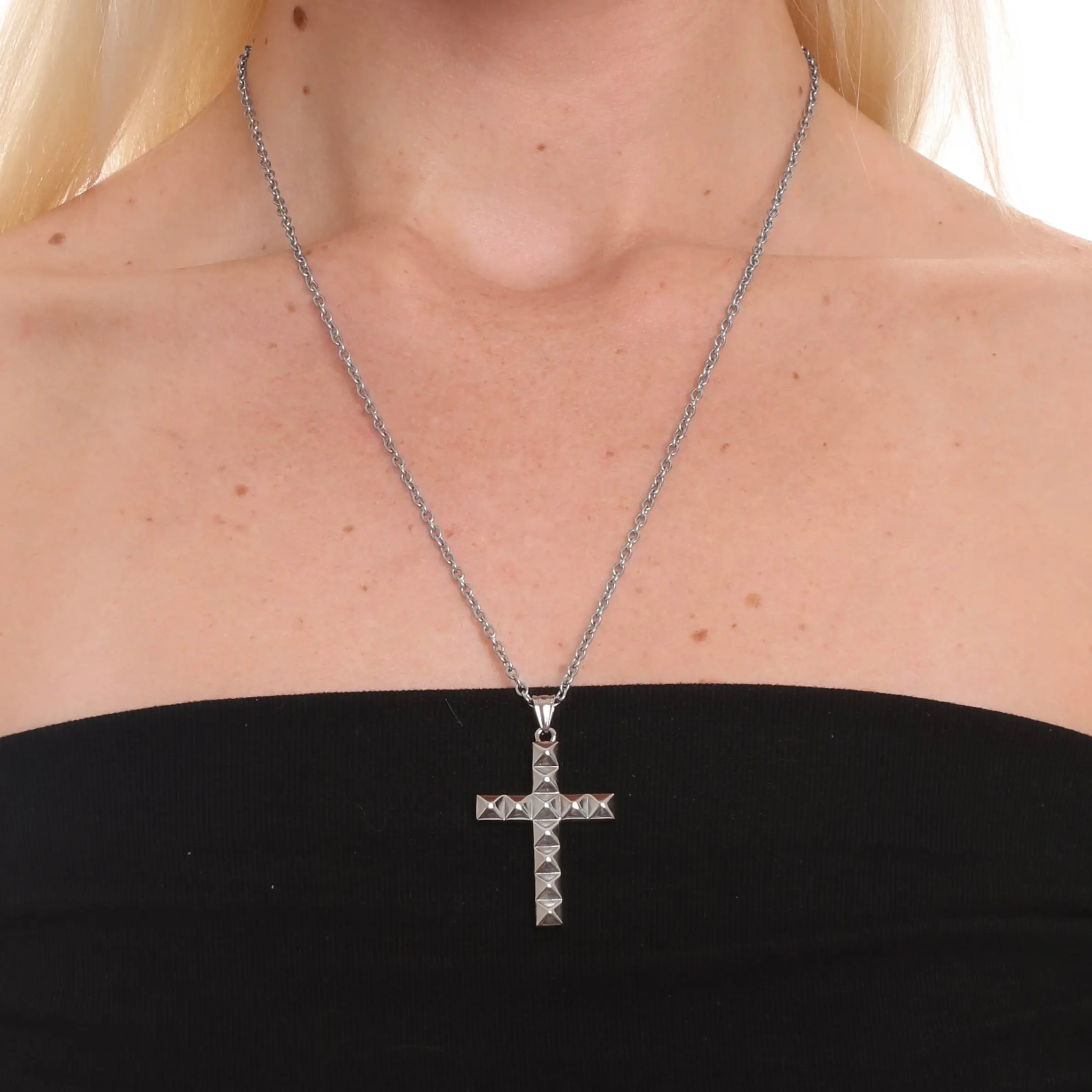 HeavenSent Mini Ego Cross | Studded Cross Necklace. Adjustable Length, Stainless Steel, Tarnish Proof, Waterproof