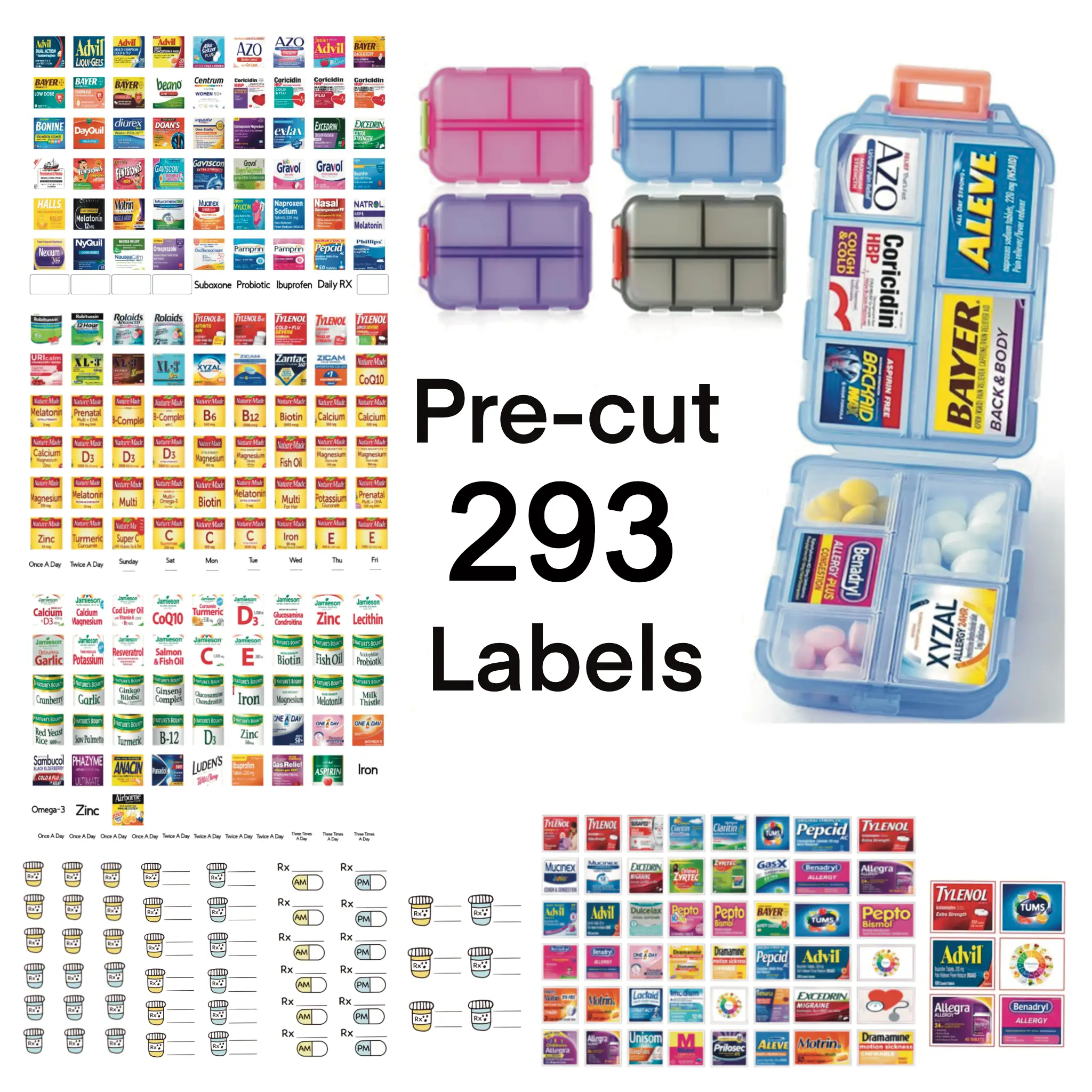 Travel Pill Organizer with 293 Pre-cut Pill Labels, Mini Stickers in Small, Medium, and Large Sizes for Pill Cases, Storage Box with Lid
